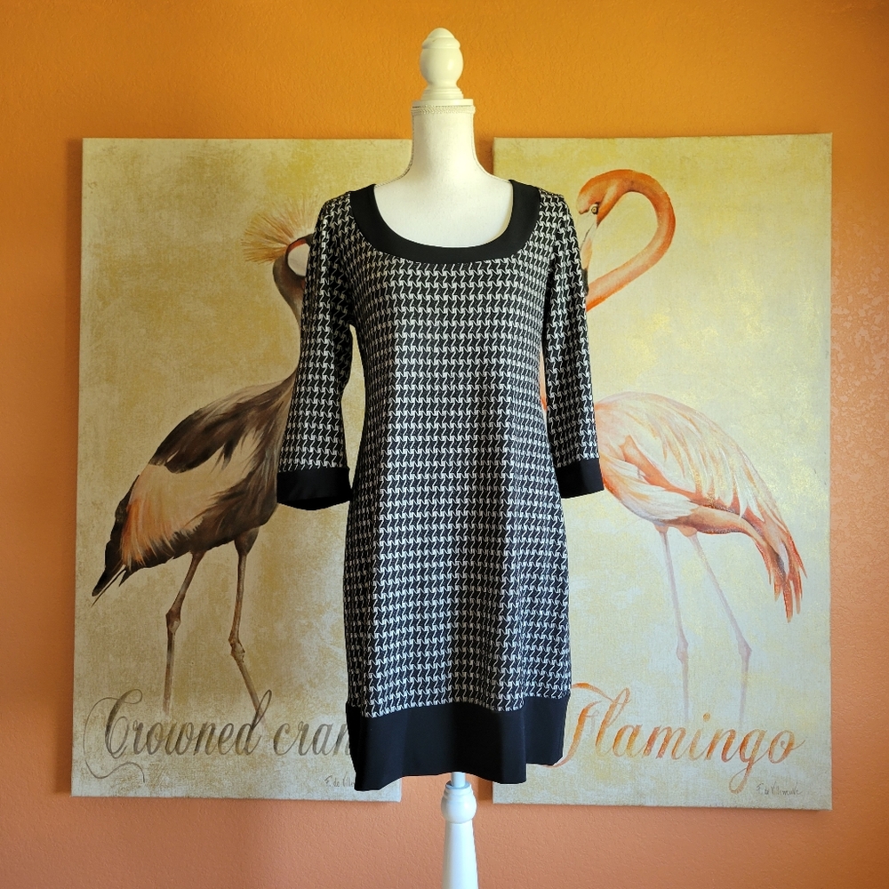 NWT Blu Sage Long Sleeve Retro Cozy Textured Dress Black Off White Medium